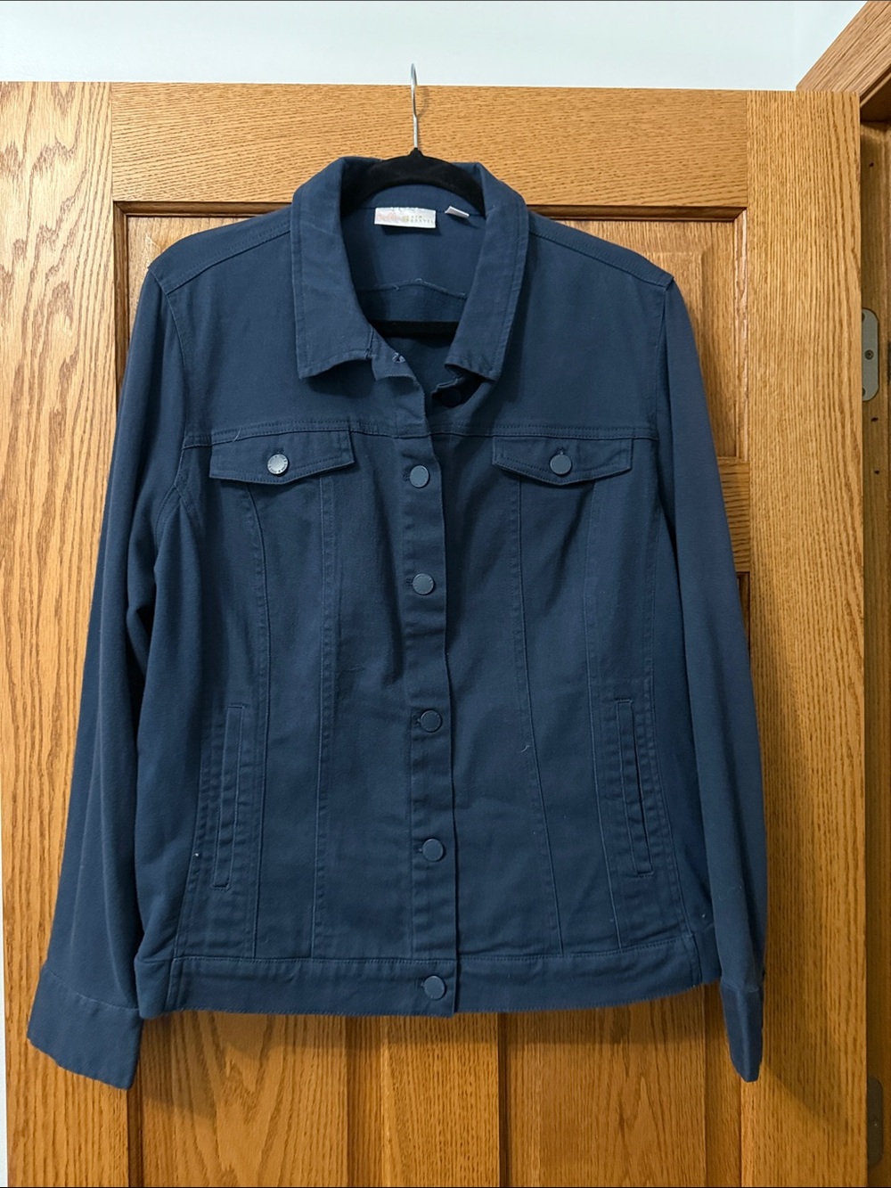 Belle by Kim Gravel Navy Button-Front Jean Jacket with stretch back and sleeves.